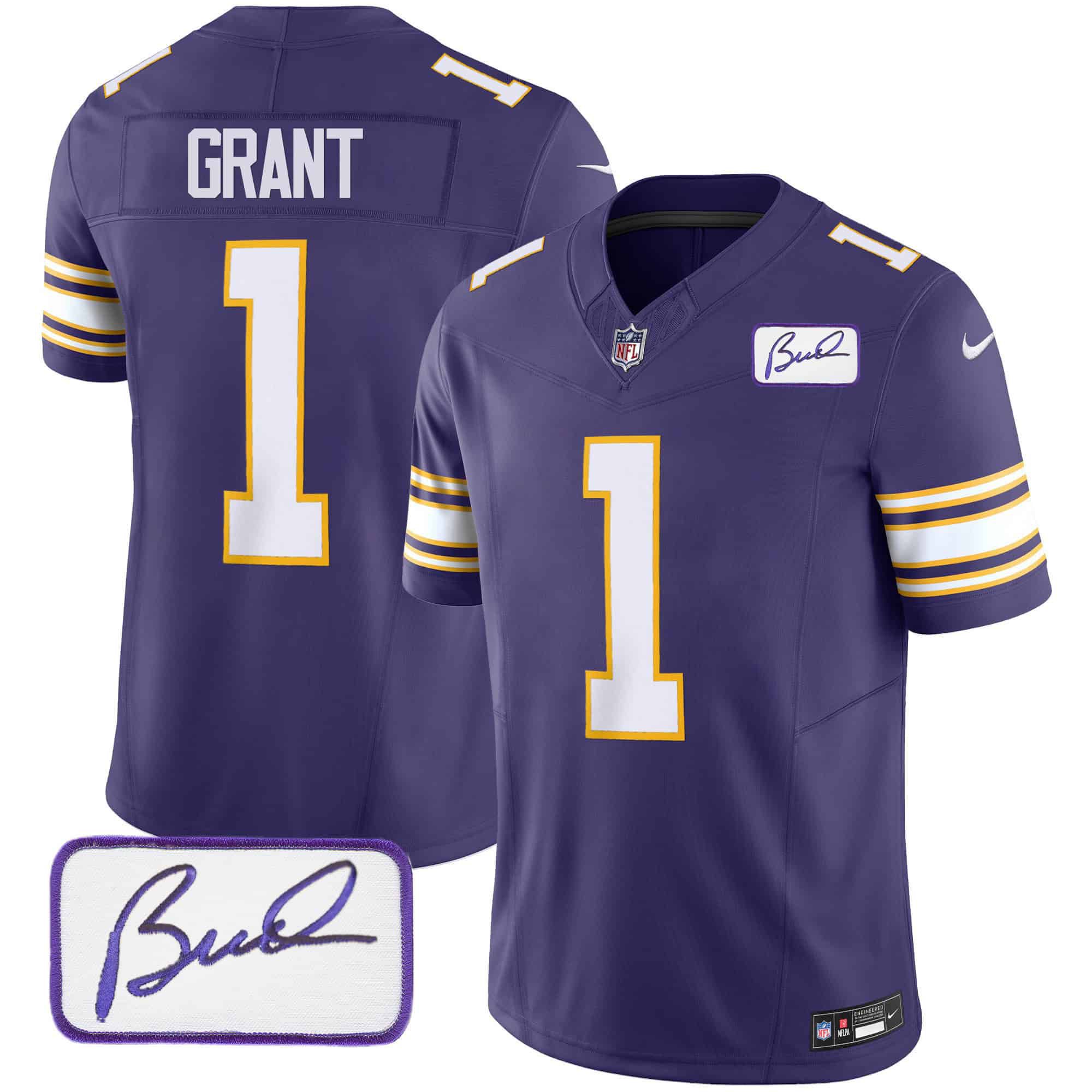 Men Minnesota Vikings #1 Grant Purple 2024 Nike Bud Grant Patch Classic Limited NFL Jersey style 1